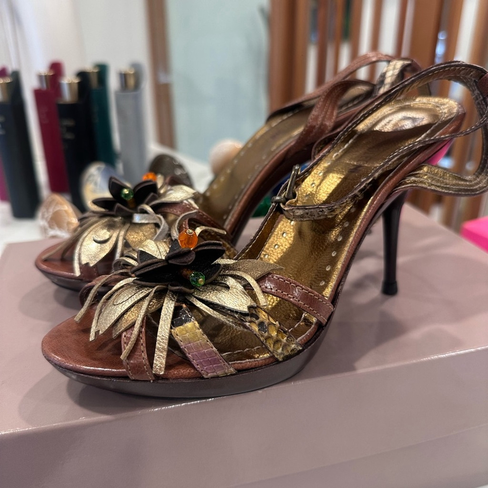 Brown and Gold High Heels with Floral Design